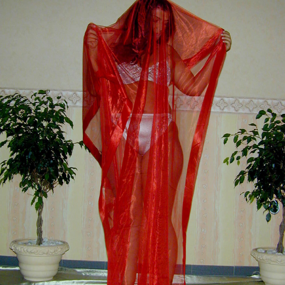 Frau in Unterwäsch versteckt sich hinter einem roten Tuch
